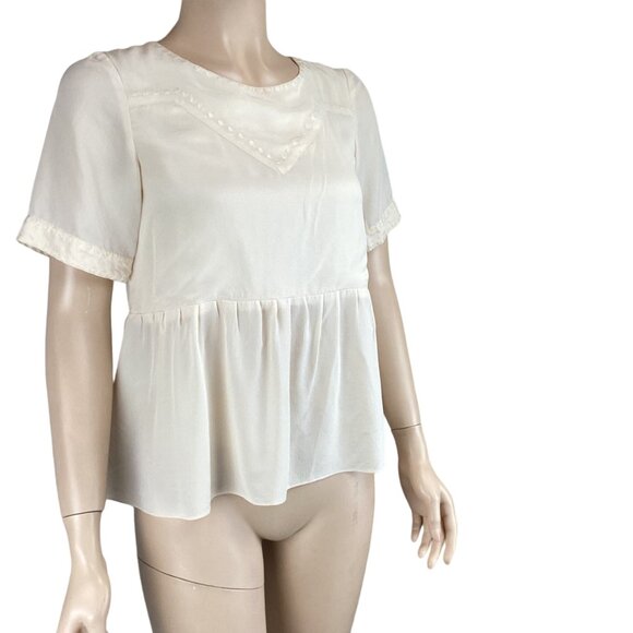 Lauren Moffatt Top Size Small Silk Cream Peplum‎ Blouse Embroidery Short Sleeves - Picture 3 of 7